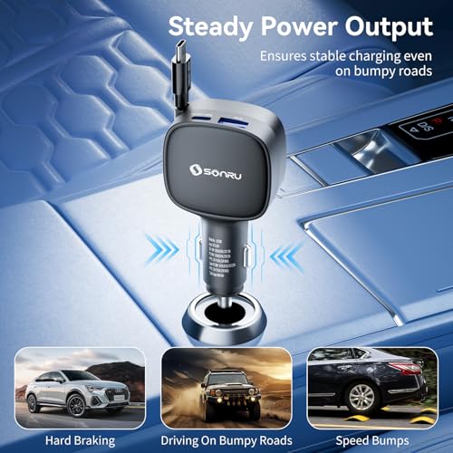 Retractable Fast Car Charger, 84W Max USB C Car Phone Charger Fast Charging, Cigarette Lighter Adapter with Built-in Retractable 31.5 inch Cable for iPhone15/16/17, Samsung, Android