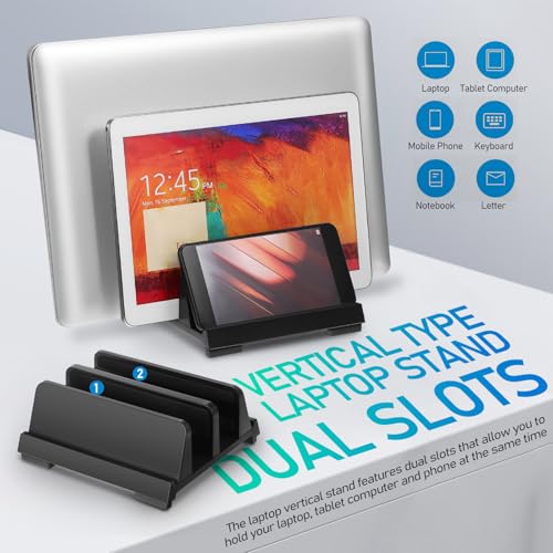Laptop Vertical Stand Adjustable Laptop Holder with Dual Slots Padded Nonslip Storage Stand for Tablet Phone and Workspace Desk Organizer for Home Office