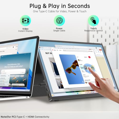 15.6” Portable Monitor Touchscreen, FHD 1080P IPS USB-C External Monitor, Ultra Responsive 10-Point Touch Laptop Second Screen, Lightweight Travel Monitor for Windows PC - size: 15.6"Touch