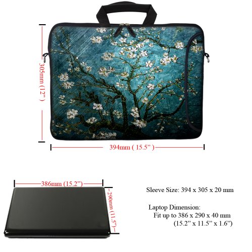 Meffort Inc 15.6 Inch Neoprene Laptop Bag – Water Resistant, Reinforced Zipper, Adjustable Shoulder Strap, Extra Side Pocket, Fits 15 to 15.6 Inch Laptops - Almond Blossoming - color: Vincent Van Gogh Almond Blossoming