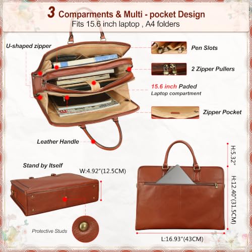 Banuce Italian Full Grain Leather Briefcase for Women Fits 15.6" Laptop | Eco-friendly Leather,Paded Laptop Compartment,Travel-friendly Luggage Strap,Detachable Strap,Office Work,Business Travel - color: Red Brown