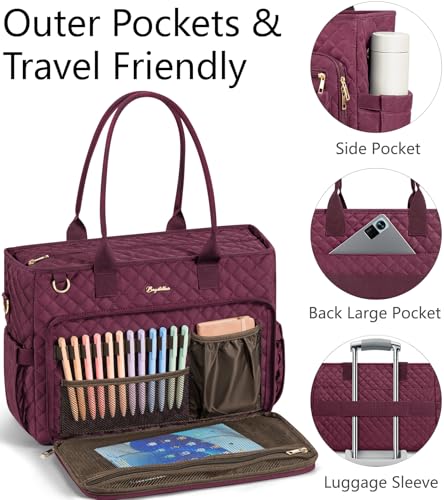 Bagstellar Teacher Tote Bag for Women, 15.6" Laptop Work Tote Computer Bag | Quilted Bible Nurse Bag with 40oz Cup Holder, Insulated Pocket & Strap, Large Laptop Briefcase for School Travel Office Gifts - color: Burgundy