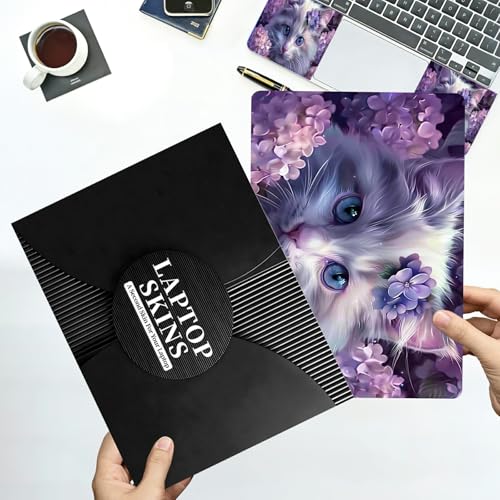 Universal Laptop Skin Sticker with 2 Wrist Pad Decals, 3-Piece Removable Vinyl Laptop Cover, Purple Flower Cat Waterproof Anti-Scratch, Easy-Trim Fit for 13.3" 14" 15.6" Laptops - color: Purple Flower Cat