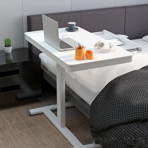 Over The Bed Table with Wheels and Drawer Artificial Board Bedside Table, Hand Crank Lift Computer Bedside Table, Mobile Study Bedside Table, for Home, Office(White,90 * 50 * 70 cm) - color: White, size: 90*50*70 cm