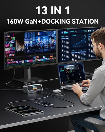 MOKiN Docking Station,13 in 1 USB C Laptop Charging Station with 2.26" LCD Smart Display,Dual HDMI Display,10Gbps USB A/C Ports,Gigabit Ethernet,160W Max Output for MacBook Dell,HP,Lenovo and More | Working Status Display/Built-in 160W Power Supply/Extend