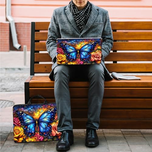 10 inch Laptop Sleeve with Laptop Skin Sticker Set – Slim Protective Case with Smooth Zipper, Lightweight Tablet & Notebook Sleeve for Travel & Daily Carry, Rose Blue Butterfly - color: Rose Blue Butterfly, size: 10 inch