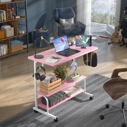 32" Rolling Standing Desk with Charging Station for Couch Bed | Height Adjust 27.5-41", 2 AC/3 USB, Mobile 4 Lockable Wheels, 2-tier Shelves Hook, Safe Corner Fast Assembly - color: Pink, size: 32''