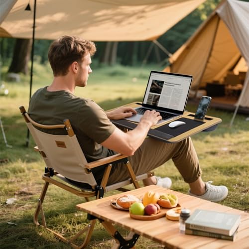 Lap Desk - Laptop Tray for Bed, Lapdesk with Cushion for Couch Sofa Fits up to 17.3” Laptop, Lap Table with Portable Handle,Self-Adhesive Mousepad with Foldable Metal Device Stand(Light Brown)