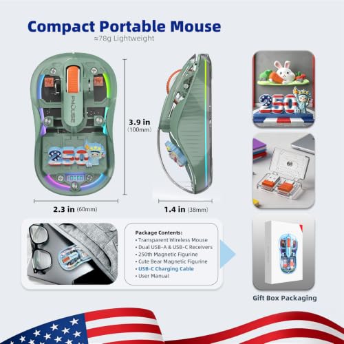 FMOUSE Transparent Wireless Mouse, 2 Cute 2026 Figurines, Tri-Mode, Green | Rechargeable | USB-A & USB-C Receivers for Mac, iPad, Laptop | 2.4G & Dual Bluetooth | Silent Clicks | RGB | Portable - color: Green