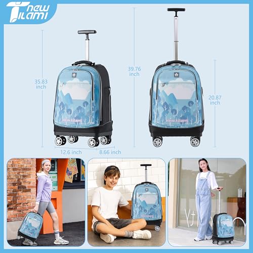 NEW TILAMI 19 Inch Rolling Backpack for School Travel with 4 Spinner Wheels | 360°rotating Universal Wheel, Large Organizer Compartments, Adjustable Handle, Carry on for School Students Business Travel - color: Misty Blue Forest