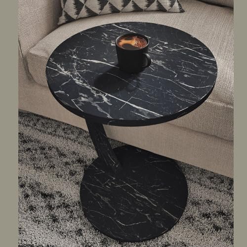 C Shaped End Table for Couch Small Places, Faux Marble Black Space Saver Round Side Table for Sofa and Bedside with Wheels, Coffee and Eating Snack Time Tray for Living Room, Office - color: Black