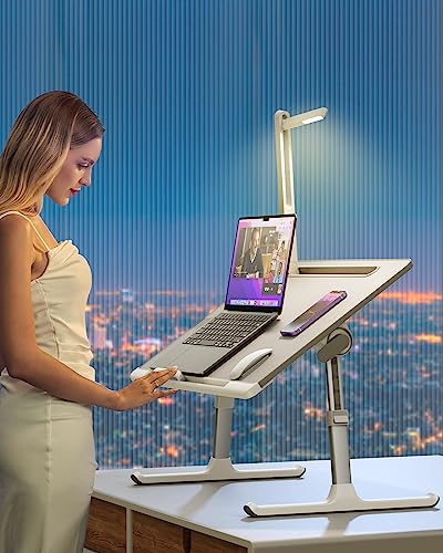 Laptop Bed Tray Desk with LED Desk Lamp, SAIJI Laptop Stand for Bed | XX-Large PVC Leather Foldable Table with Book Stand, Wrist Rest, Extra Leg Room for Sofa Couch Floor (Gray) - color: Gray