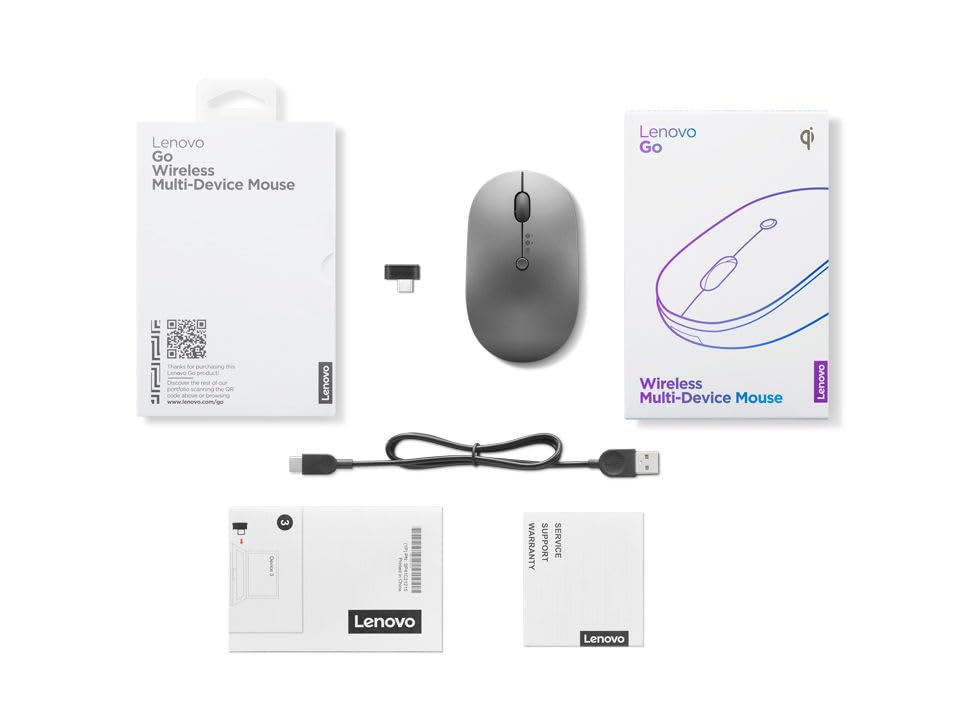 Lenovo Go Multi-Device Wireless Mouse, 2.4GHz Nano USB-C Receiver, Bluetooth, Adjustable DPI, USB-C Rechargeable Battery, Qi Wireless Charging, Ambidextrous, GY51C21211, Grey - color: Grey