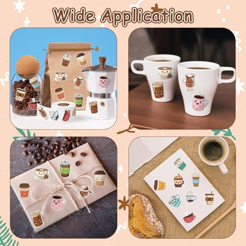 Haooryx Cute Coffee Sticker Rolls - 1000Pcs Bubble Milk Tea Coffee Latte Cup Sticker 2 Rolls Self Adhesive Waterproof Vinyl Water Bottle Laptop Junk Journal Birthday Party Favor Easter Basket Stuffers - style: Cute Coffee