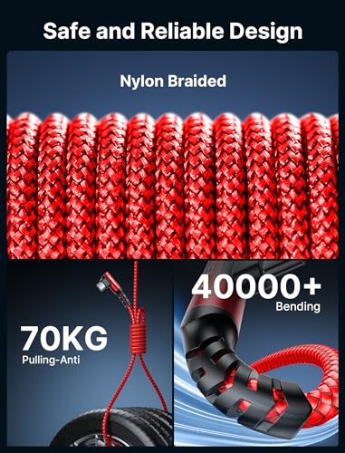 JSAUX 3-in-1 USB-C Cable 2-Pack 6.6FT, 100W Right-Angle Fast Charging, Red | Right-Angle Braided Cables with USB-A Adapter, 2 x 6.6 ft, for iPhone 17/16/15, Galaxy S26/S25/S24, iPad, MacBook, Steam Deck - color: Red, size: 6.6FT