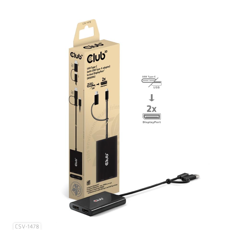 Club 3D CSV-1478 USB-C(with USB Type A Adapter) to Dual DisplayPort Video Splitter 4K60Hz