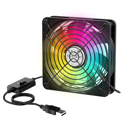 ELUTENG USB Computer Cooling Fan with 7 Color RGB Lighting, 3 Speed Controller 1100/1300/1500 RPM Small Exhaust Fan High Airflow Cooling Fan for Router Modem Receiver DVR PlayStation Xbox TV Box