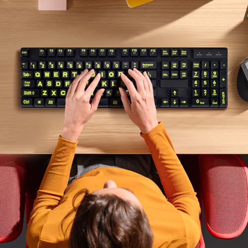 2PCS English Keyboard Stickers, Large Letters Full Set Keyboard Letter Replacement Stickers for Laptop PC Computer, Matte English Keyboard Alphabet Sticker Black Background with Yellow Lettering - color: English-balck/Green-full Set
