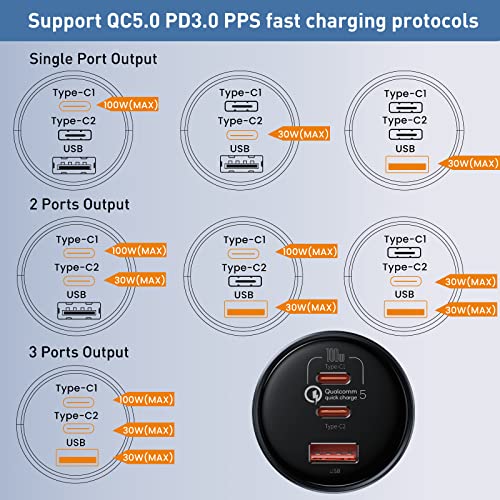 160W USB C Car Charger, Baseus Type C Car Charger, QC5.0 PD3.0 PPS 3 Ports Super Fast Charging Car Phone Charger Adapter for iPhone 15 14 13 Pro, Samsung S22 iPad MacBook Pro