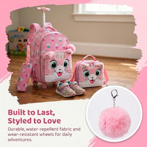 Kids Fluffy Cat Rolling Backpack for Girls, Pink School Bags | Trolley Suitcases Luggage Travel with Wheels Bookbag Wheeled 3PCS Roller Backpacks Set Toddler Back Pack Elementary - color: Pink-0121-maorong-mao