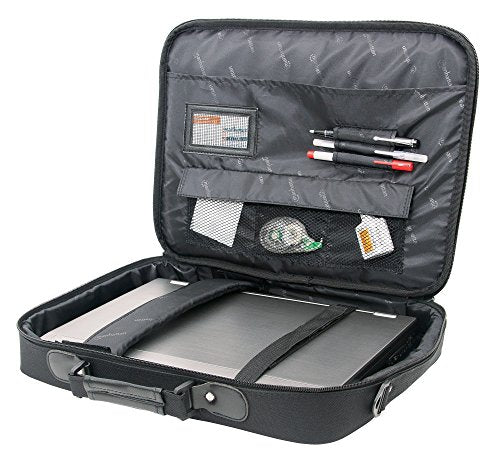 Manhattan 17 Inch Laptop Briefcase Shoulder Bag, Ultra-Lightweight & Padded Compartments, for Carrying Laptop, Notebook, Macbook, Tablet, Black, 3 Yr Mfg Warranty - 421560 | Polyester/PVC shell, cushioned lining, four pockets, 22 lb capacity, under 2 lb w