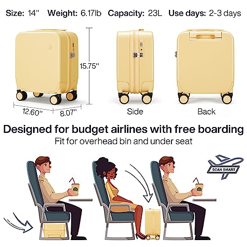 mixi 14 Inch Underseat Luggage Carry on Suitcase Free Boarding Personal Item Suitcases with Spinner Wheels Hardshell Lightweight PC for Short Travel, Lark Yellow - color: Lark Yellow, size: 14in Underseat