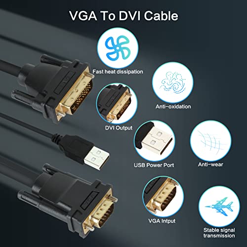 VCOM Male VGA to DVI Cable with Power, 6FT VGA to DVI-I Cable with USB,Gold Plated with Chip, Active Adapter Converter Cable for PC Laptop DVD Monitor HDTV Projector