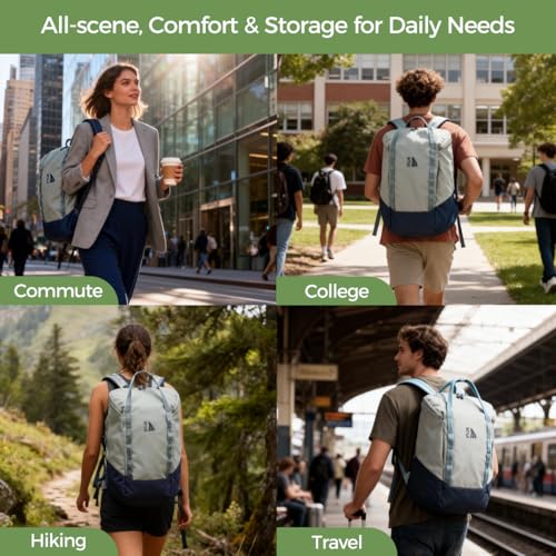 INUK Travel Laptop Backpack, 25L Recycled Waterproof Light Daypack | Dual laptop pockets, soft light foam straps, recycled wear-resistant fabric, water repellent coating, Sage Leaf - color: Sage Leaf
