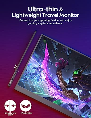 HONGO 16.1'' 144Hz Portable Gaming Monitor for Laptop, 1080P FHD IPS Screen with HDR, 1200:1 FreeSync, Ultra Slim & Eye Care,Travel Monitor External Screen for Laptop, PC, PS5, Mac, Xbox