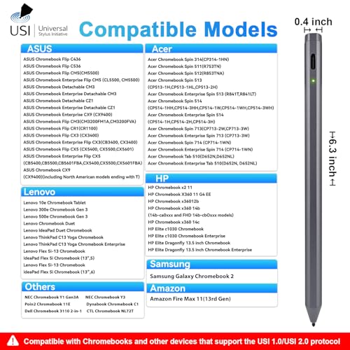 USI 2.0 Stylus Pen for Chromebooks, Palm Rejection | Stylus Pen for Chromebooks Acer Spin,ASUS Flip,Lenovo Duet/IdeaPad/Flex,Amazon Fire Max 11/Fire HD 10, Google Pixel, Grey - color: Grey