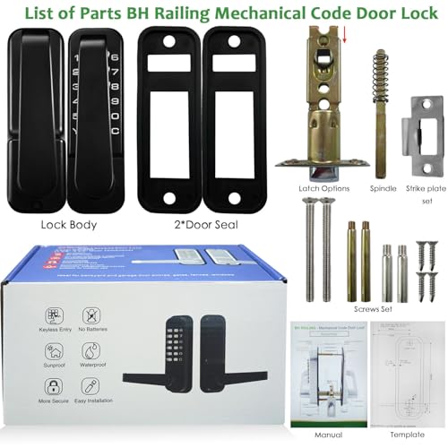 High-Security 12 Digit Keypad Mechanical Door Lock - Keyless Entry, Code Combination Lock with Handle, Waterproof & Rustproof, No Battery, Easy to Install, BH-MDLS0030202 - color: Matte Black - Square