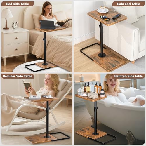 C Table End Table Adjustable Height, 360°Swivel TV Tray Table, Upgraded Metal and Wooden Base to Prevent Slipping, Couch Armrest Table Snack Tables for Laptop Sofa Bed Dinner or Small Space(Brown)