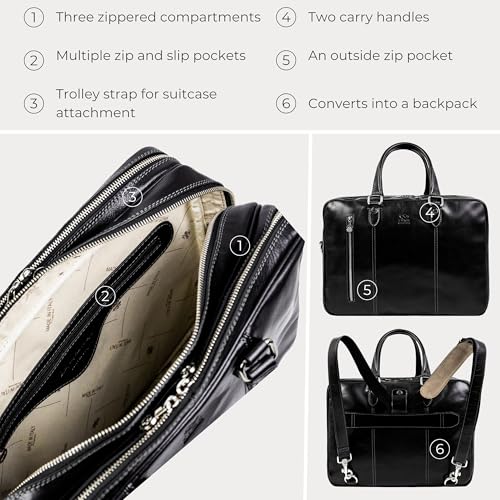 Time Resistance Leather Laptop Briefcase - Full Grain Leather Computer Bag for Men and Women | Leather - color: Black