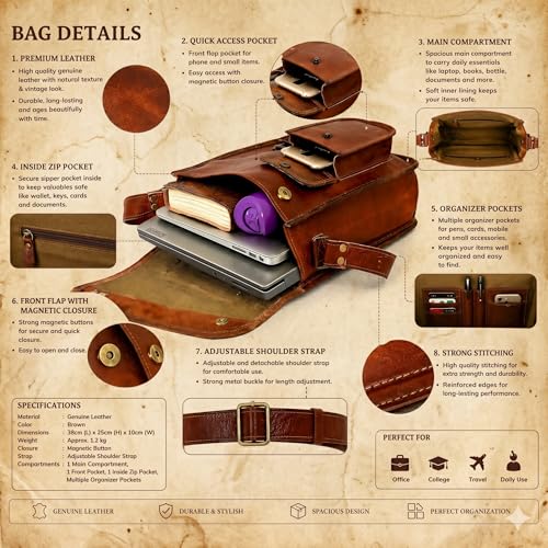 Leather Satchel Tablet Bag Laptop Case Office Briefcase Messenger Gift for Men Computer Distressed Shoulder Bag - size: 15 inch