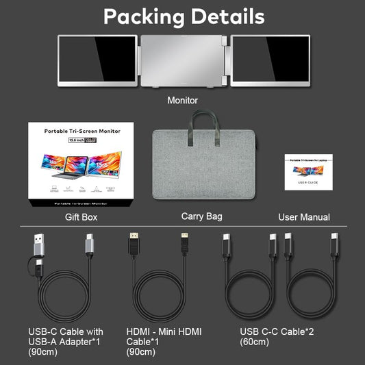 15.6" Laptop Screen Extender for Triple Display - FHD 1080P Portable Monitor For Laptop - Compatible with MacOS/Windows/Android - USB C Detachable Plug & Play Extended Screen for 12-17" Laptops