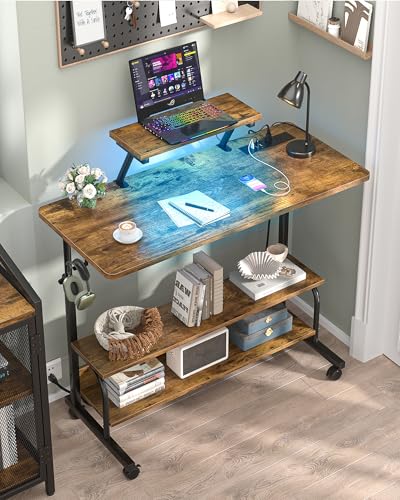 Height Adjustable Standing Desk with Power Outlets and LED Lights - 39" Manual Stand Up Desk with Monitor Stand and Storage Shelves Small Mobile Rolling Computer Desk Portable Laptop Table, Rustic - color: Rustic Brown, size: 39''