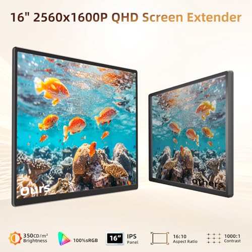 Laptop Screen Extender 2.5K Monitor - 16" Double Portable Monitor 2560x1600P QHD 100% sRGB IPS 235° Rotation Detachable Screen Design Extra Compatible with Mac Wins Dex Chrome Fits 13"-17" Laptops - size: 16" Screen Extenders