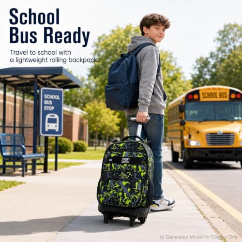 3Pcs Rolling Backpack for Boys, Men Roller Bag with Wheels for Adults, 19 Inche Graffiti Wheeled Bookbag with Lunch Box(Green) - color: Graffiti Green