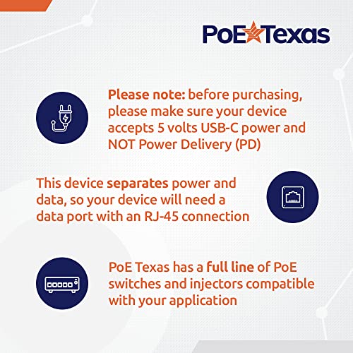 PoE Texas PoE Power for USB-C Devices, Including Google WiFi & Raspberry Pi – for POS Systems, Digital Signage & More, 802.3af POE to 5 Volt Splitter, Extend Power Delivery Up to 328 Feet - size: PoE (12w) - USB-C Power
