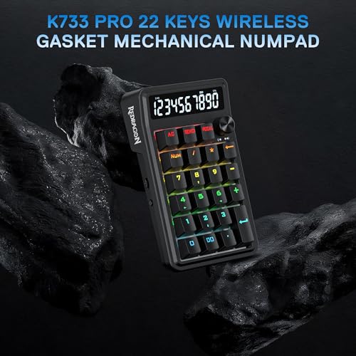 Redragon K733 PRO Wireless Gasket RGB Number Pad, Dual PC & Calculate Modes | 22-Key Mechanical Number Pad, 10-Digit Calculator Display, Knob Control, 5-Layer Noise Dampening, Creamy Custom Linear Switch - color: Black K733 PRO, size: Wireless