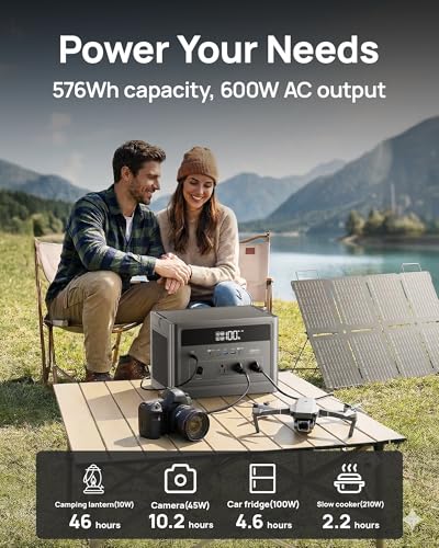 2026 Portable Power Station 600W, 576Wh LiFePO4 Battery Portable Charger, Solar Power Bank with AC Outlet 110V/1200W Surge, PD 100W USB-C Fast Charging for Camping, Home, Hurricane Emergency, RVs