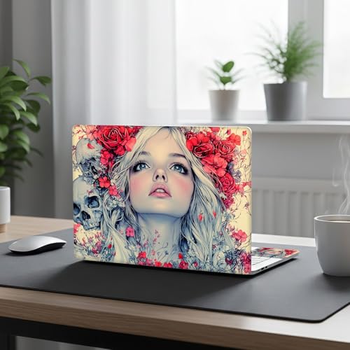 Aesthetic Laptop Skin Cover,12-15.6 Inch Universal Vinyl Sticker Decal,Floral Skull Girl Waterproof Scratch-Resistant Notebook Wrap,Removable Residue-Free Protector - color: Floral Skull Girl