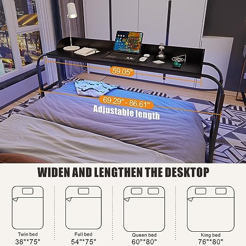 HWB Over Bed Desk with LED Light, Wheels & Charging Station, Black | Auto-sensor 3 Color LED light, Adjustable height, Smooth rolling wheels - color: Black