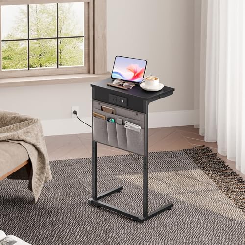 HOOBRO C Shaped End Table with Charging Station, 28" H Couch Side Table Slide Under, Sofa Arm Tray Table with Storage Bag for Living Room, Recliner, Black BB70USF01 - color: Black