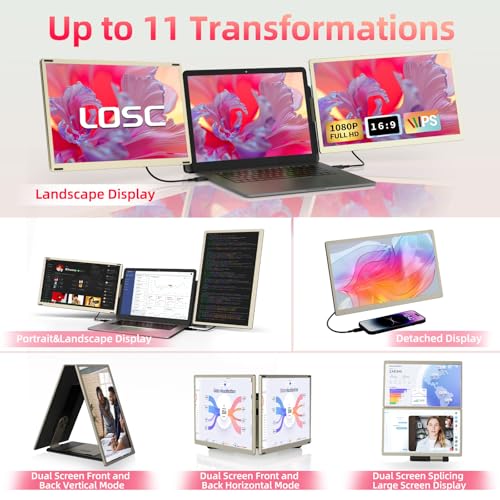 LOSC 15.6" Laptop Screen Extender, Triple Portable Monitor with FHD 1080P IPS Display, 120% sRGB, 235° Rotation and Plug and Play Setup for 13-17.3" Mac, Windows & ChromeOS Laptops