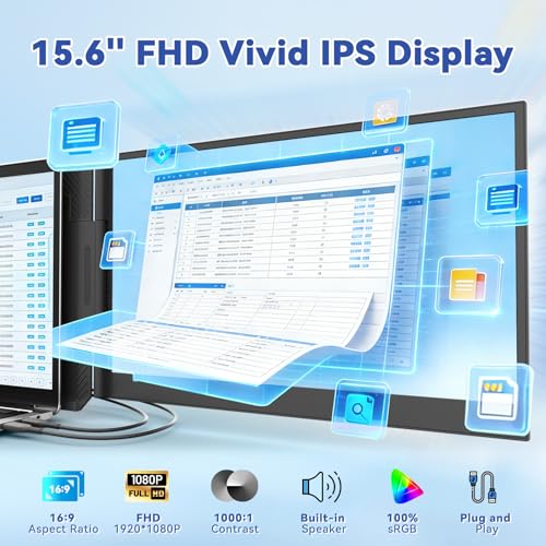 domyfan 15.6" Laptop Screen Extender, Triple Portable Monitor with Ultra-Thin FHD 1080P IPS Display for 13-17" Laptop, Plug & Play via HDMI/USB-A/Type-C, Compatible with Mac/Windows/Android - size: 15.6" Triple
