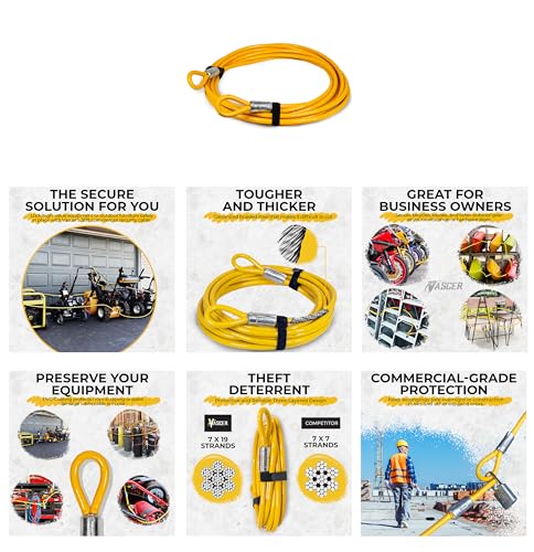 Vascer Commercial Heavy Duty Braided Galvanized Steel Theft Deterrent Security Cable with Looped Ends. (1/2 Inch Thick, 7x19 Construction, 10 Feet) - size: 10 Feet - 1/2 Inch Thick