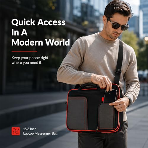 15.6 Inch Laptop Briefcase Shoulder Bag, Water Resistant Nylon Messenger Bag, Padded Compartment, Trolley Strap - color: Red