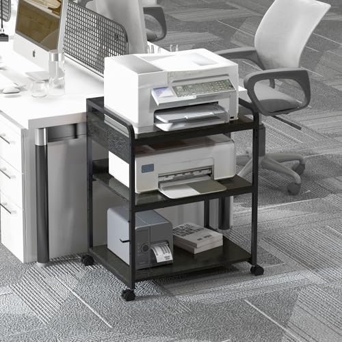 Livofloral Printer Stands with Charging Station, 25.2 x 18.9 Inch Large Printer Stand with Wheels for Home Office, 3 Tier Printer Table with Power Outlet USB Port, Printer Shredder Stand, Black - color: Black
