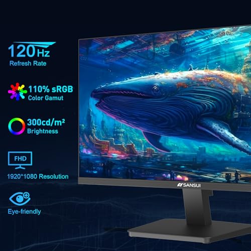 SANSUI 27 Inch Computer Monitor 120Hz, FHD 1080P Flat Monitor, HDMI DP Ports FreeSync, HDR, 110% sRGB, Tilt Adjustable Frameless VESA Compatible for Office and Home (ES-27F2, HDMI Cable Included) - size: 27 Inch